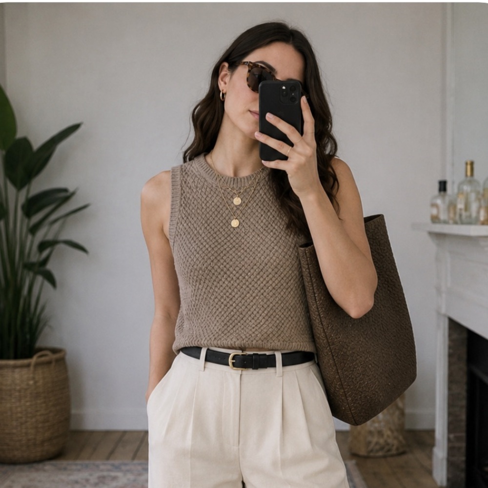 One Grey Day OGD Louise Sleeveless Knit Sweater Top - Stone Grey Beige
